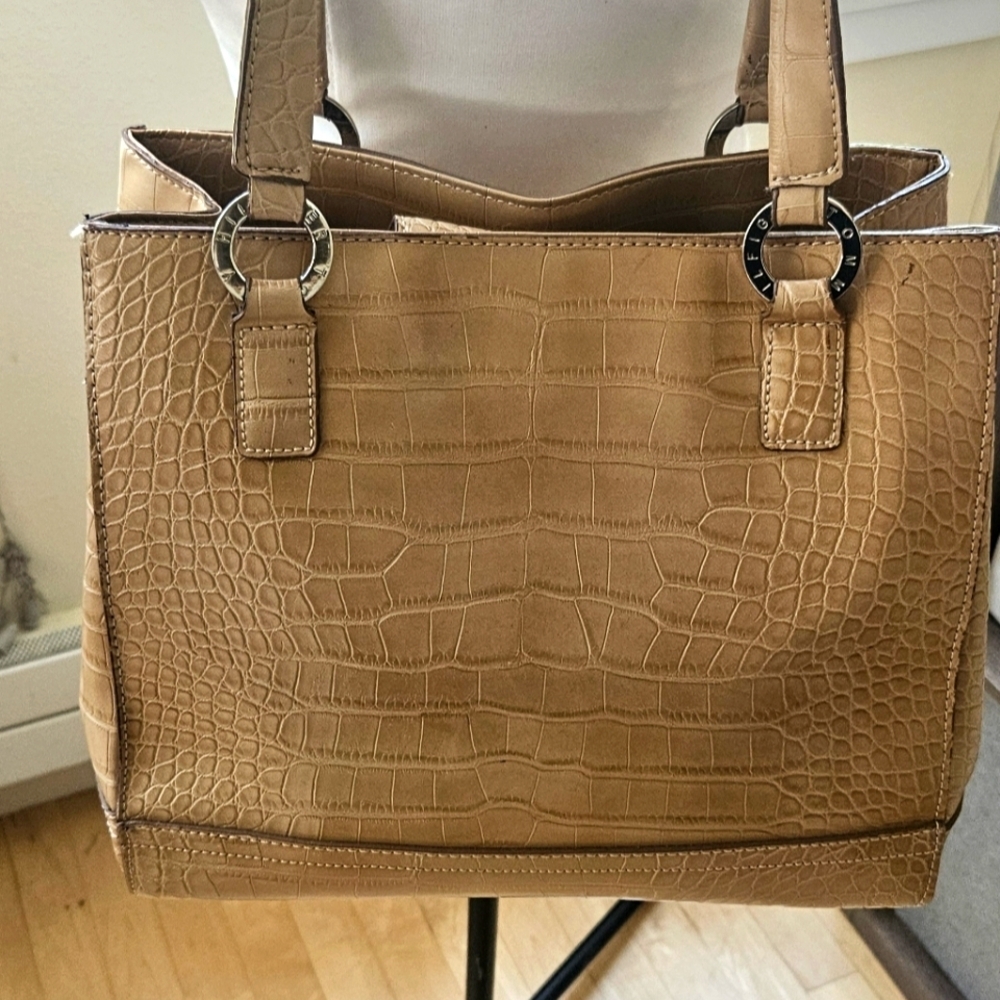 TOMMY HILFIGER Beige Croc Embossed Purse Satchel Double Strap Signature Hand Bag